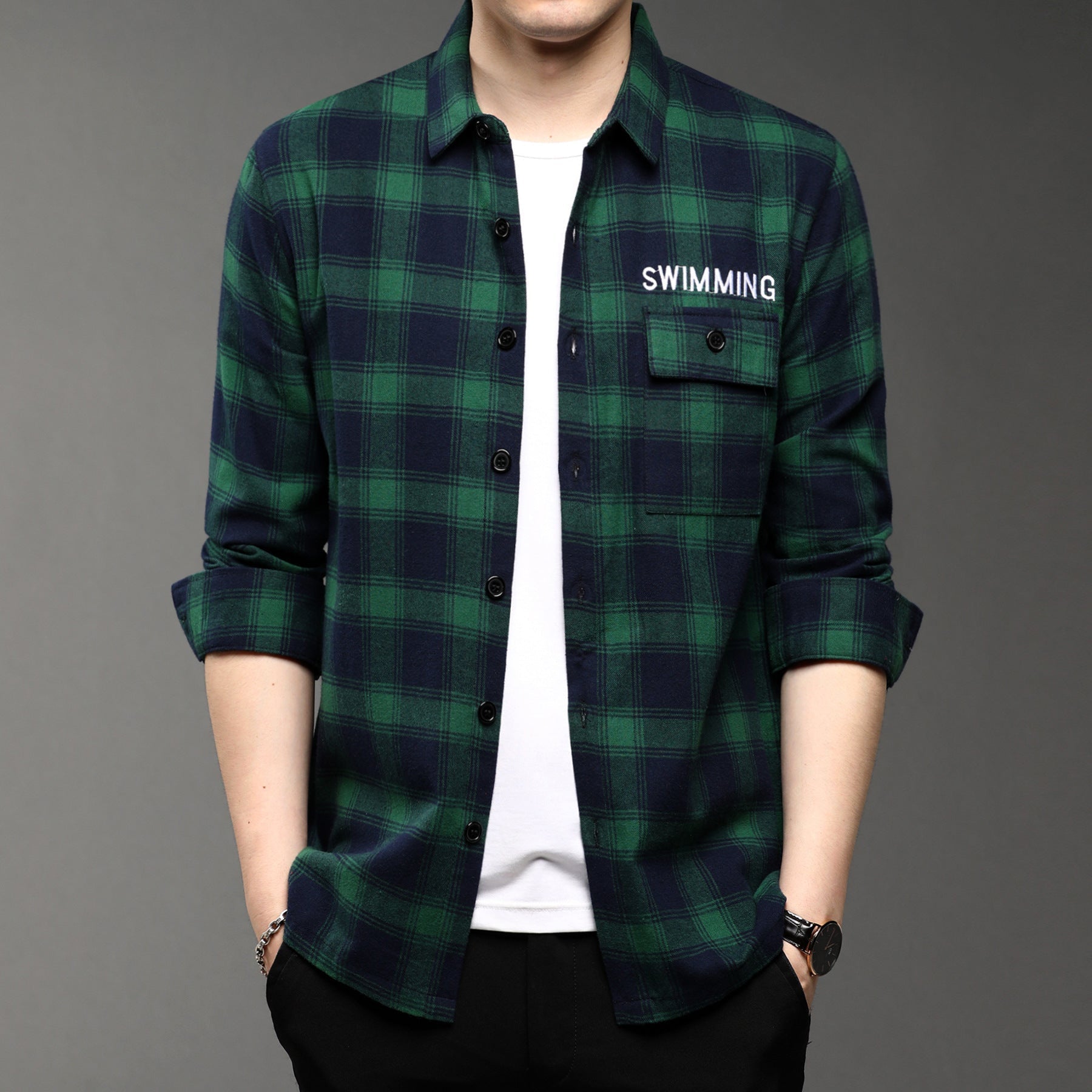Casual Lapel Plaid Men’s Long Sleeve Shirt - Green / L