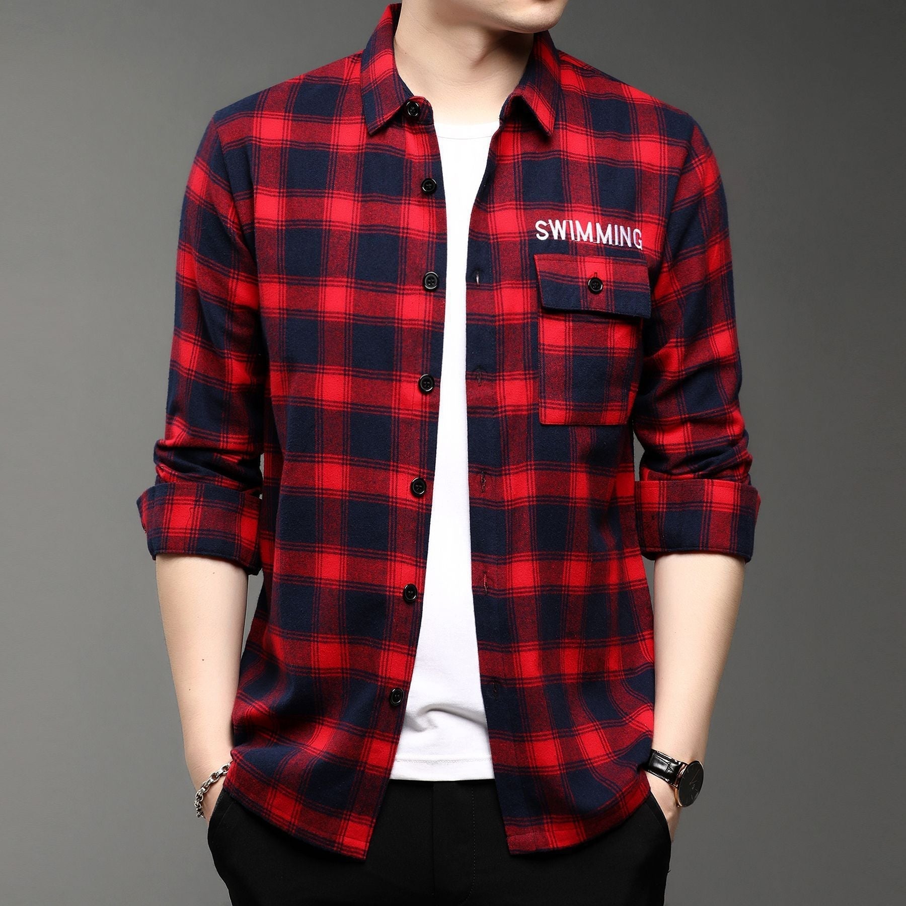 Casual Lapel Plaid Men’s Long Sleeve Shirt - Red / L