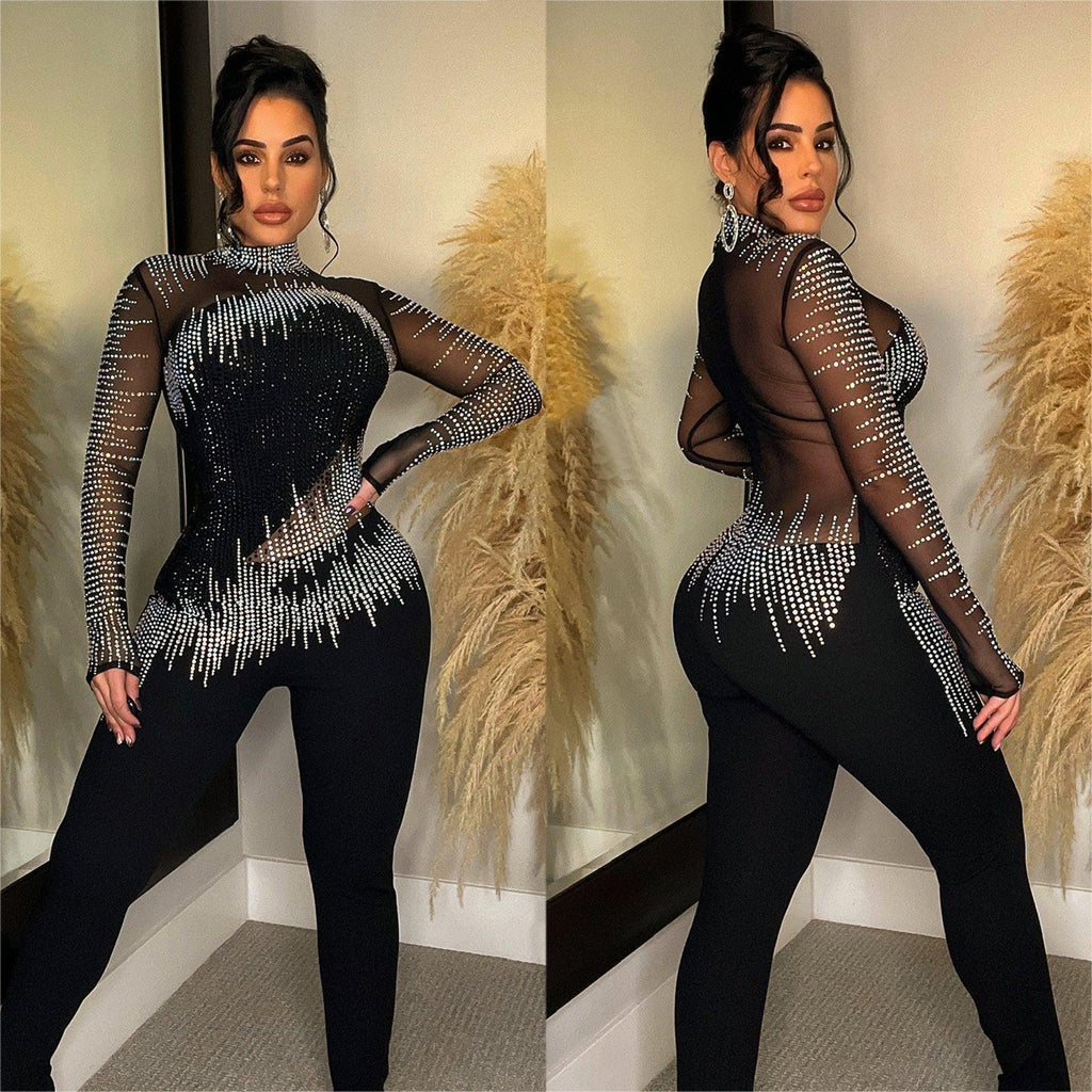 Women’s Pure Color Mesh Rhinestone Long-sleeved Trousers Jumpsuit