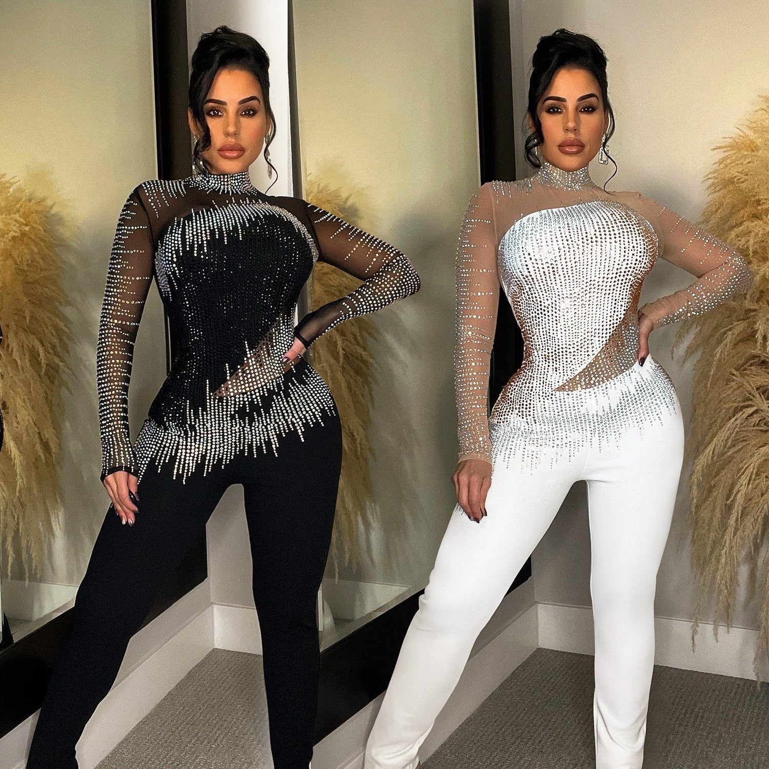 Women’s Pure Color Mesh Rhinestone Long-sleeved Trousers Jumpsuit
