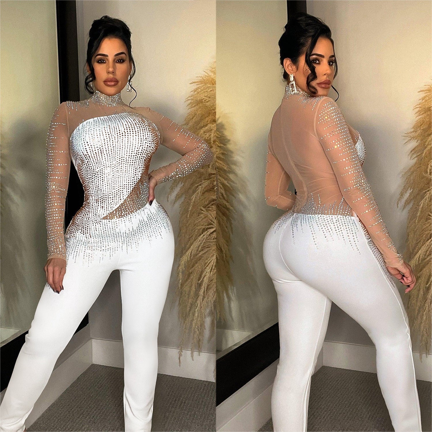 Women’s Pure Color Mesh Rhinestone Long-sleeved Trousers Jumpsuit