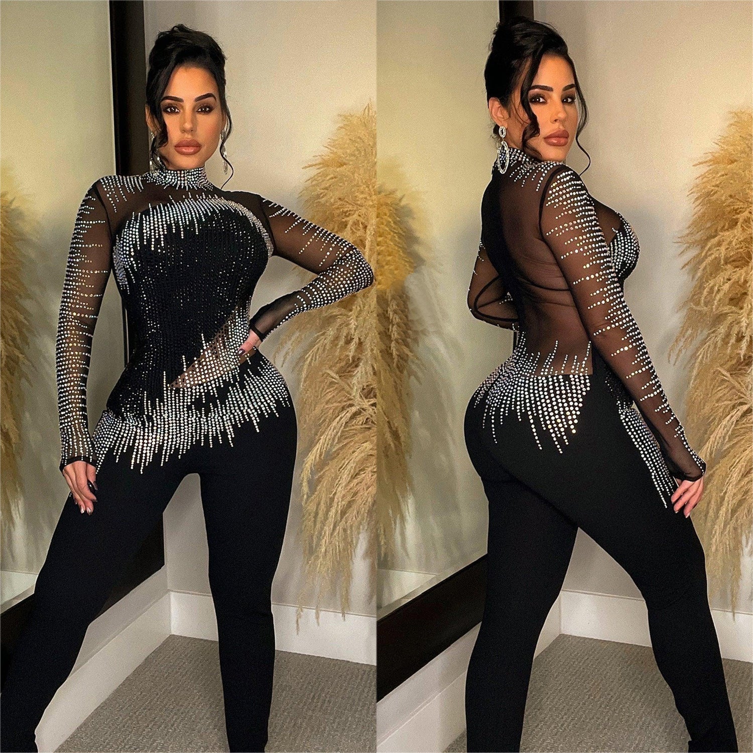 Women’s Pure Color Mesh Rhinestone Long-sleeved Trousers Jumpsuit