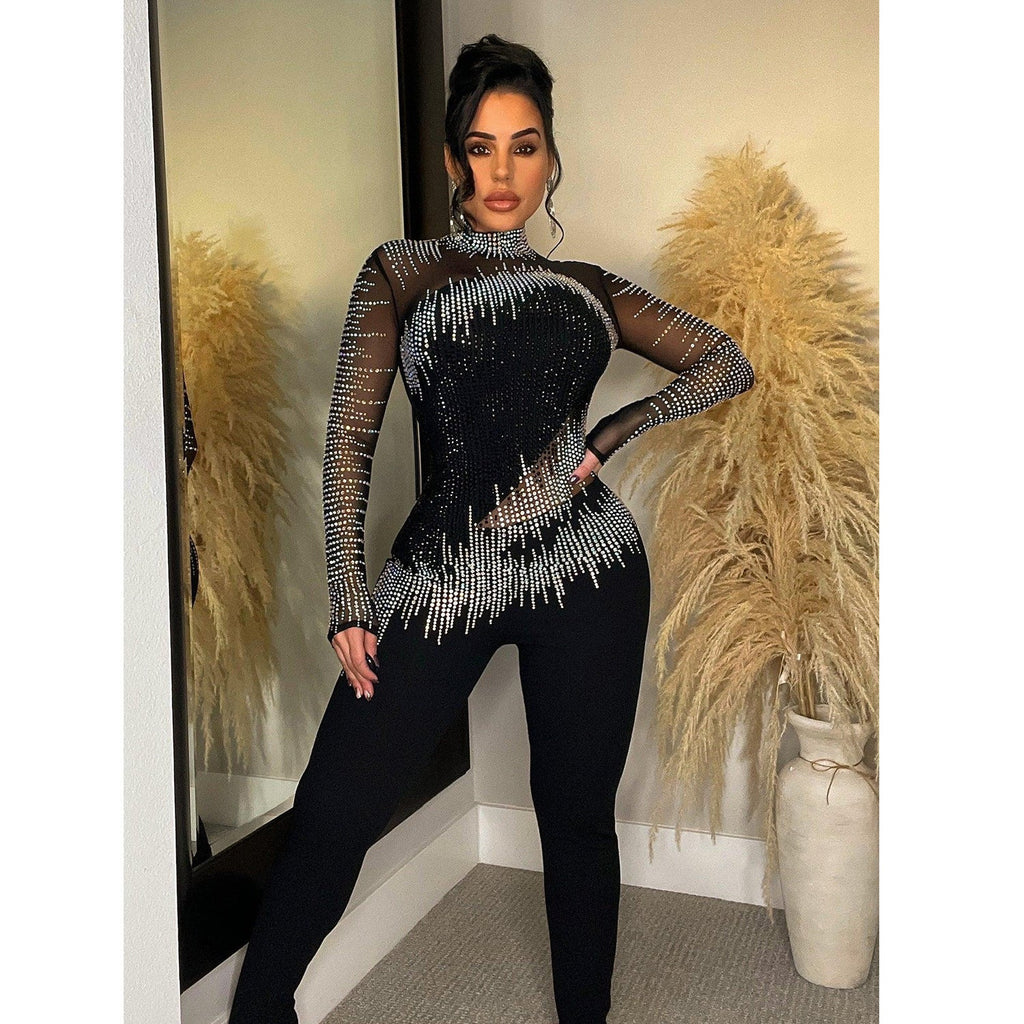 Women’s Pure Color Mesh Rhinestone Long-sleeved Trousers Jumpsuit