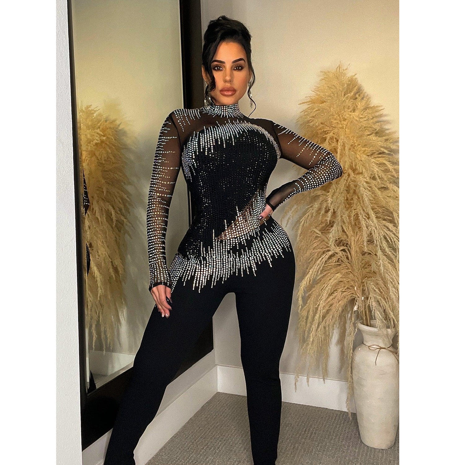 Women’s Pure Color Mesh Rhinestone Long-sleeved Trousers Jumpsuit