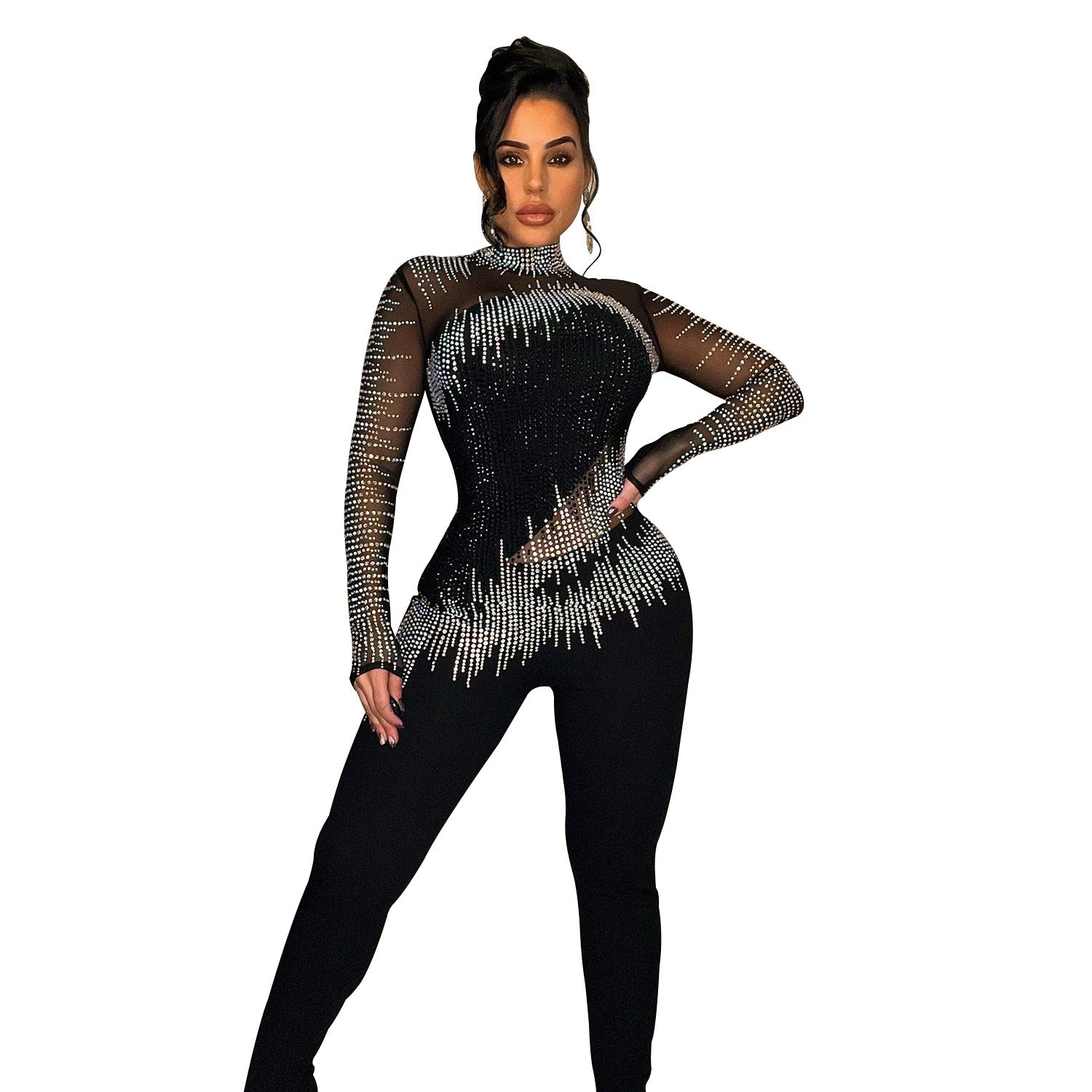 Women’s Pure Color Mesh Rhinestone Long-sleeved Trousers Jumpsuit - C6226 Black / S