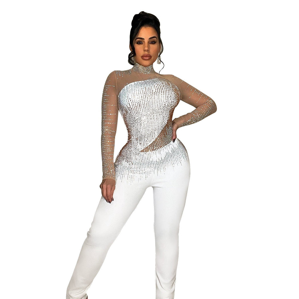 Women’s Pure Color Mesh Rhinestone Long-sleeved Trousers Jumpsuit - C6226 White / S