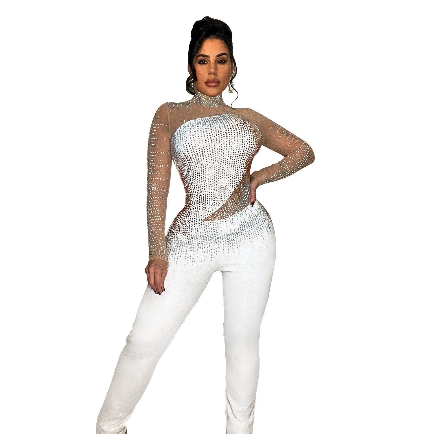 Women’s Pure Color Mesh Rhinestone Long-sleeved Trousers Jumpsuit - C6226 White / S