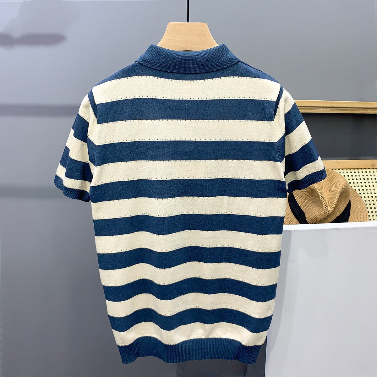 Striped Ice Silk Knitted Polo Shirt Men’s Short Sleeve Thin Style Lapel T-shirt Men’s Half Sleeve