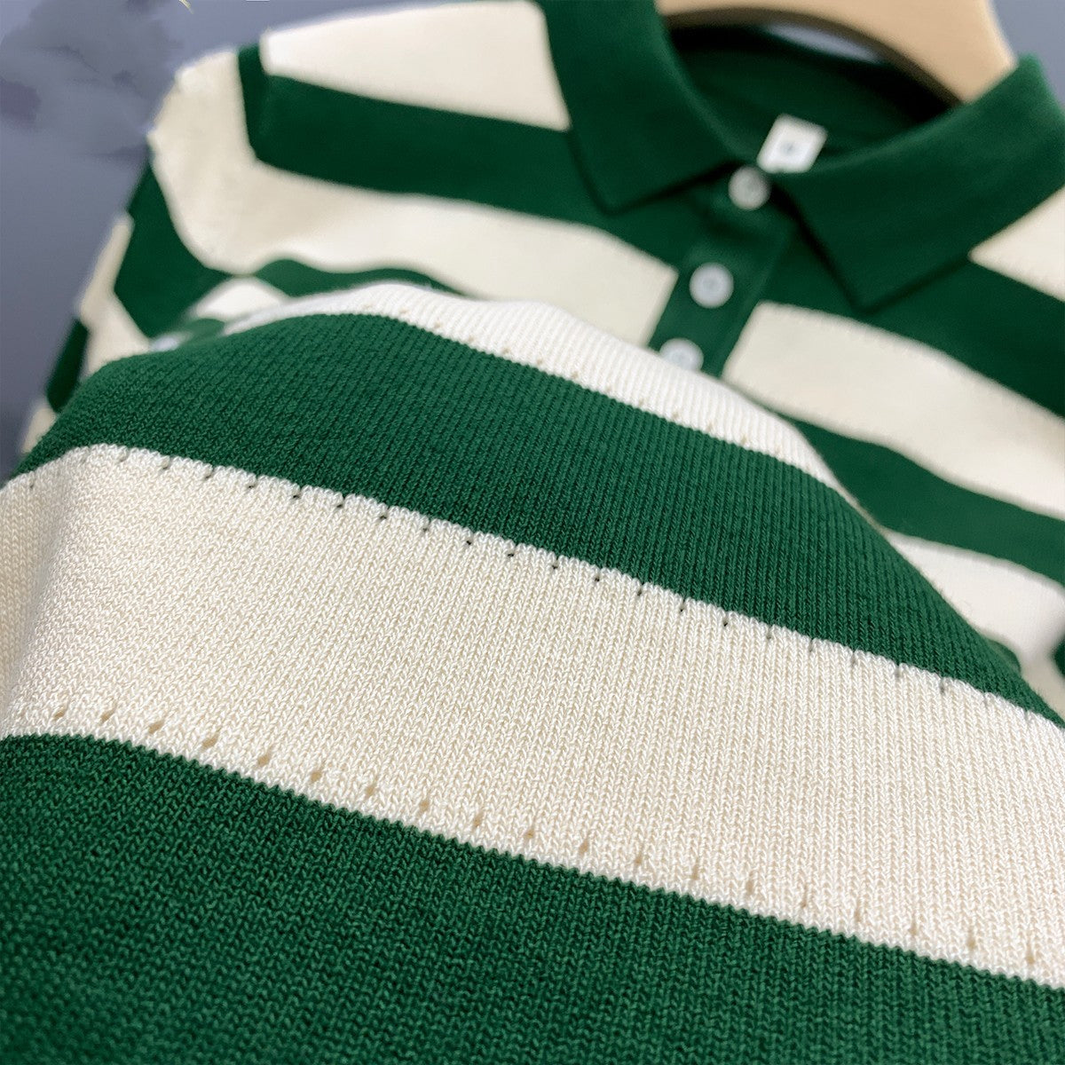 Striped Ice Silk Knitted Polo Shirt Men’s Short Sleeve Thin Style Lapel T-shirt Men’s Half Sleeve