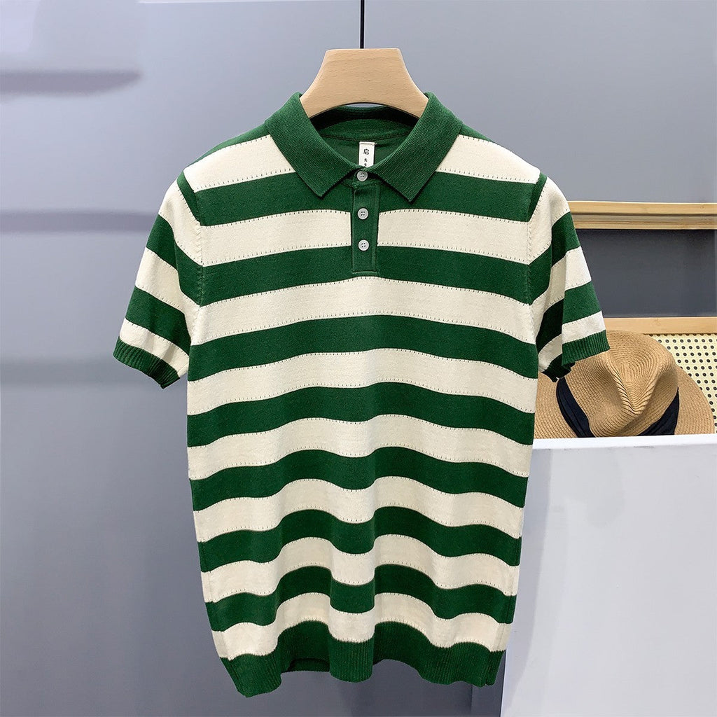 Striped Ice Silk Knitted Polo Shirt Men’s Short Sleeve Thin Style Lapel T-shirt Men’s Half Sleeve