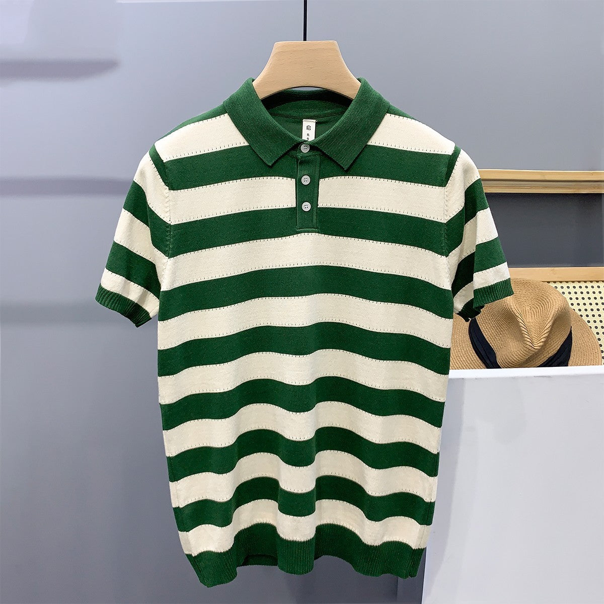 Striped Ice Silk Knitted Polo Shirt Men’s Short Sleeve Thin Style Lapel T-shirt Men’s Half Sleeve