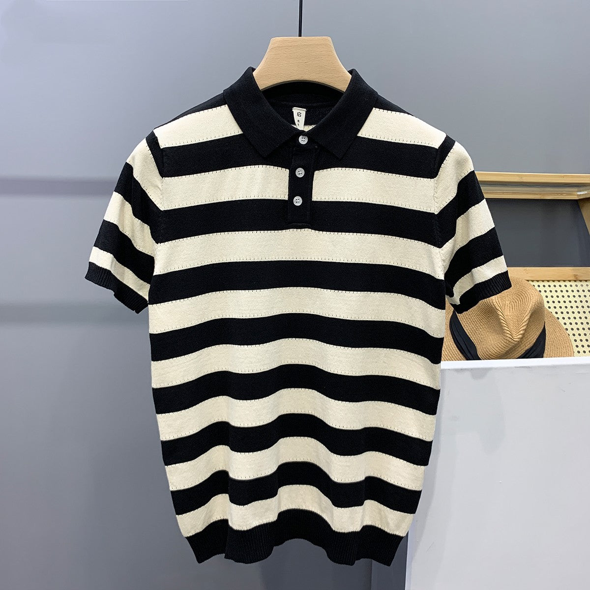 Striped Ice Silk Knitted Polo Shirt Men’s Short Sleeve Thin Style Lapel T-shirt Men’s Half Sleeve - Black / M