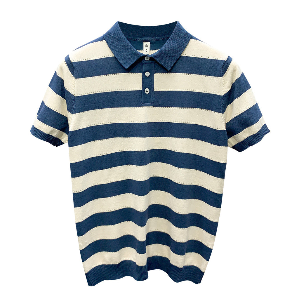 Striped Ice Silk Knitted Polo Shirt Men’s Short Sleeve Thin Style Lapel T-shirt Men’s Half Sleeve - Blue / M