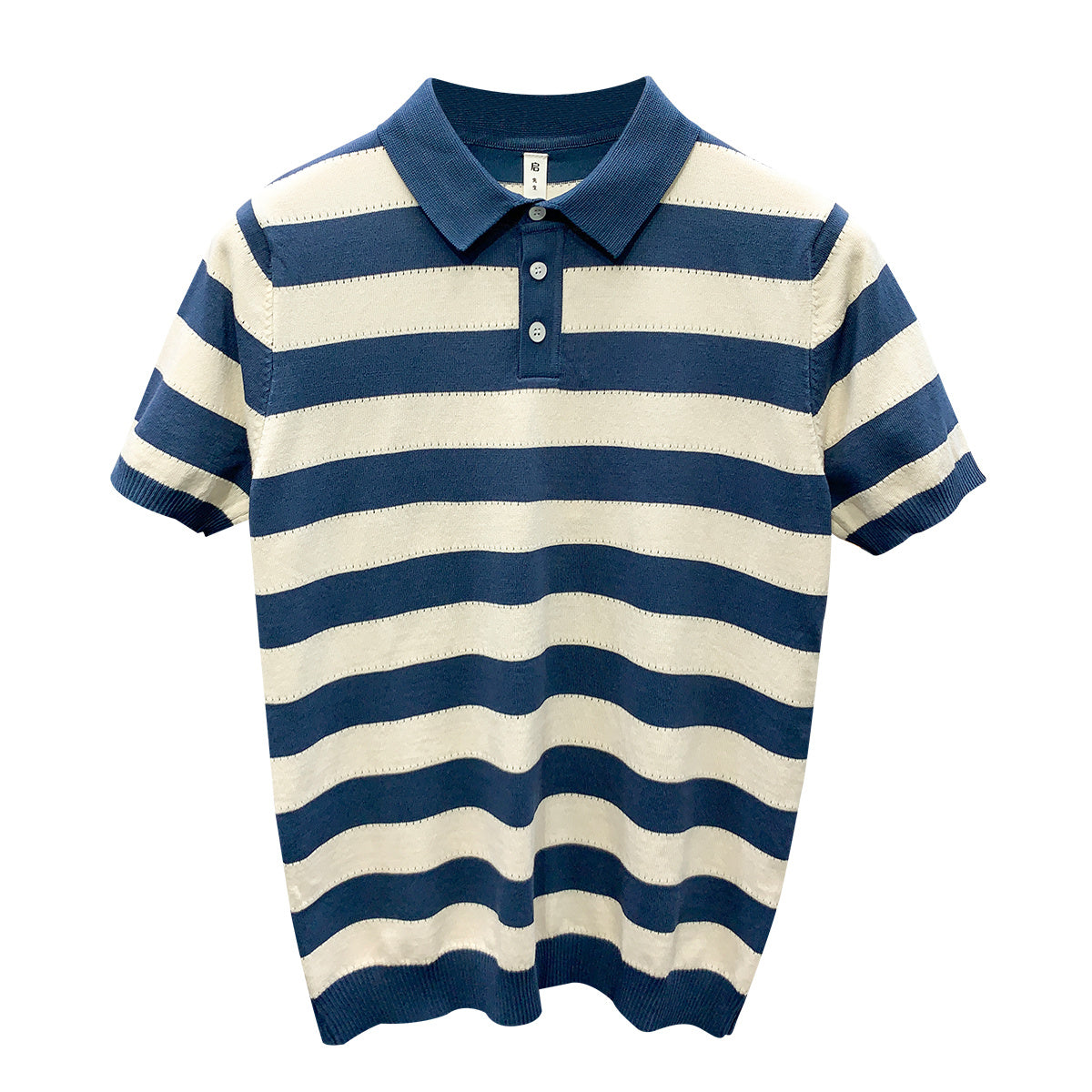 Striped Ice Silk Knitted Polo Shirt Men’s Short Sleeve Thin Style Lapel T-shirt Men’s Half Sleeve - Blue / M