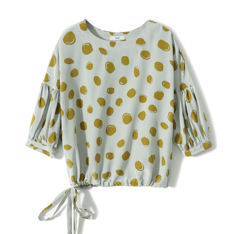 Elegant Retro Romantic Bubble Print Lantern Sleeve Shirt Top - Gray Green Bottom Polka Dot / S