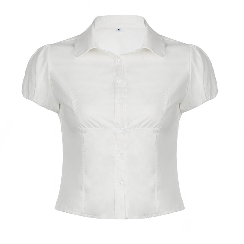 Solid Color Simple Waist Fitted Puff Sleeve Polo Shirt - White / S