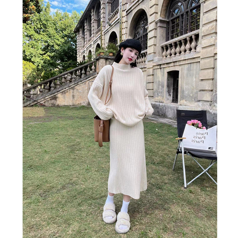 Autumn And Winter New Half Turtleneck Sunken Stripe Loose-fitting Women’s Sweater Dress