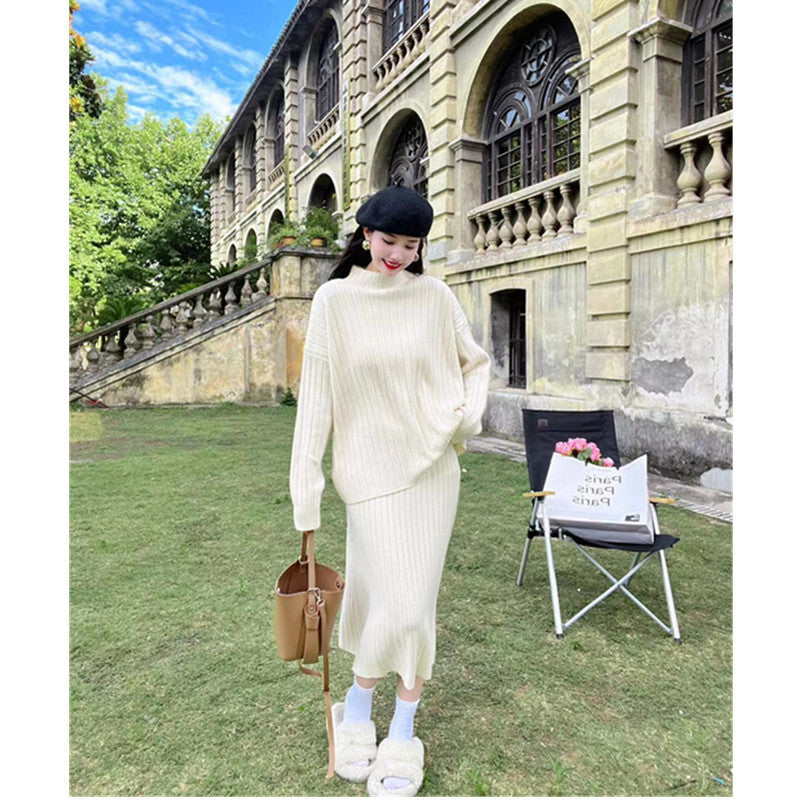 Autumn And Winter New Half Turtleneck Sunken Stripe Loose-fitting Women’s Sweater Dress