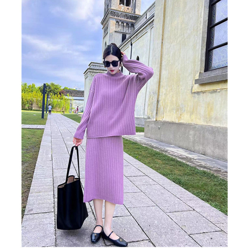 Autumn And Winter New Half Turtleneck Sunken Stripe Loose-fitting Women’s Sweater Dress