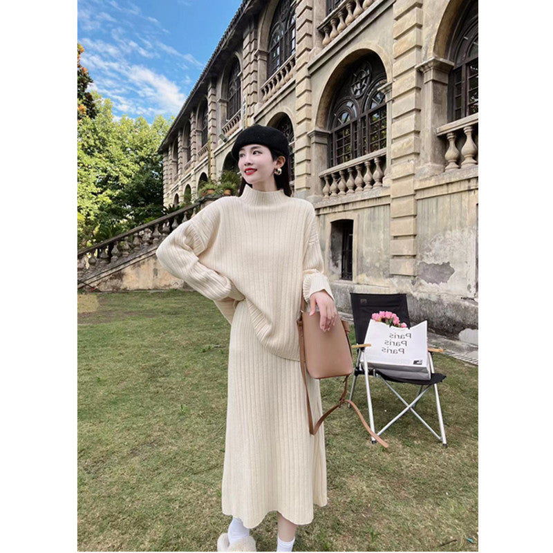 Autumn And Winter New Half Turtleneck Sunken Stripe Loose-fitting Women’s Sweater Dress