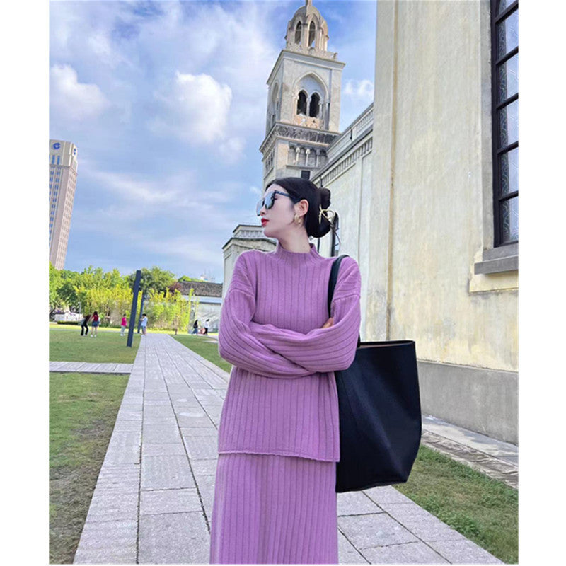 Autumn And Winter New Half Turtleneck Sunken Stripe Loose-fitting Women’s Sweater Dress