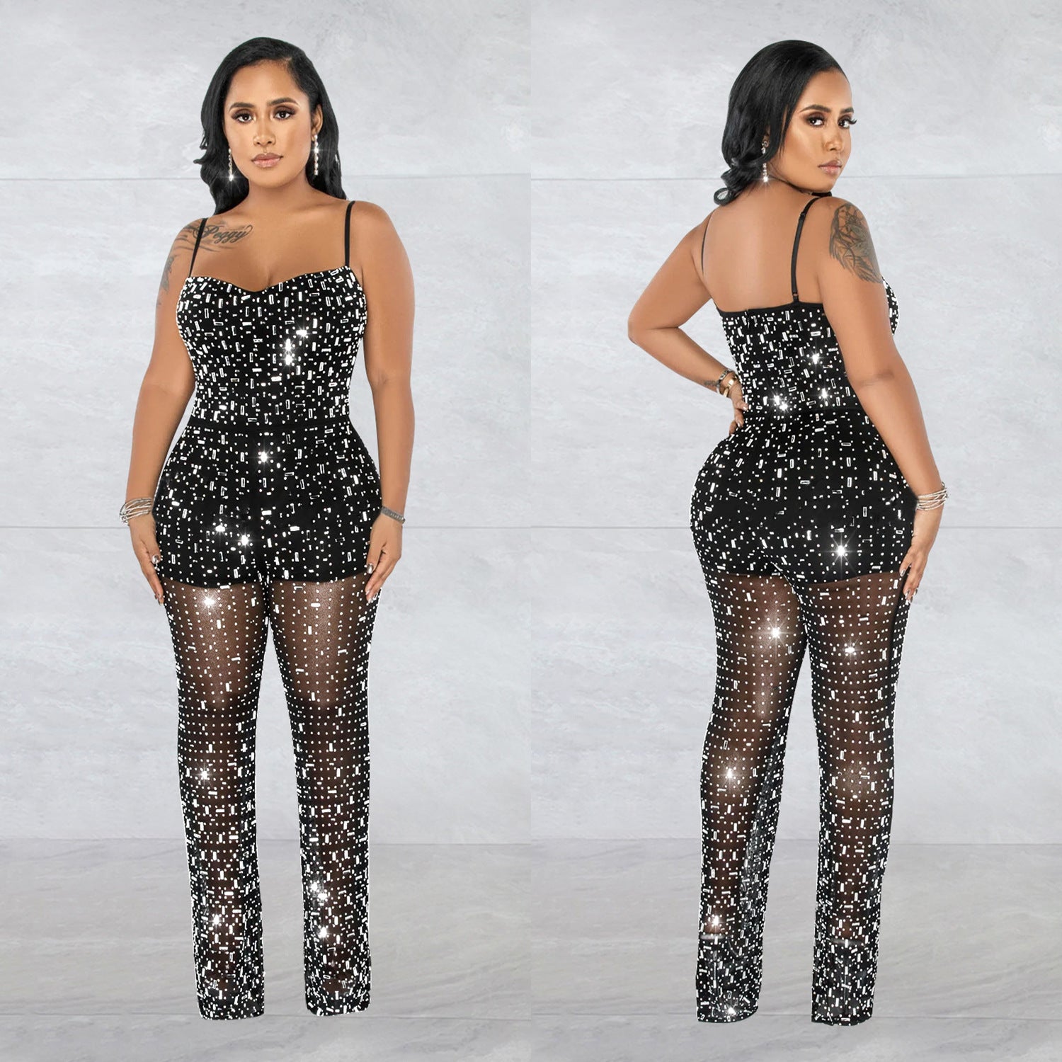 Women’s Wear Rhinestone Mesh Camisole Sleeveless Trousers Jumpsuit