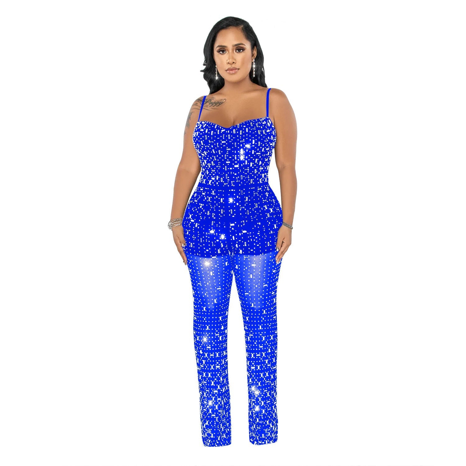Women’s Wear Rhinestone Mesh Camisole Sleeveless Trousers Jumpsuit - C6556 Blue / S