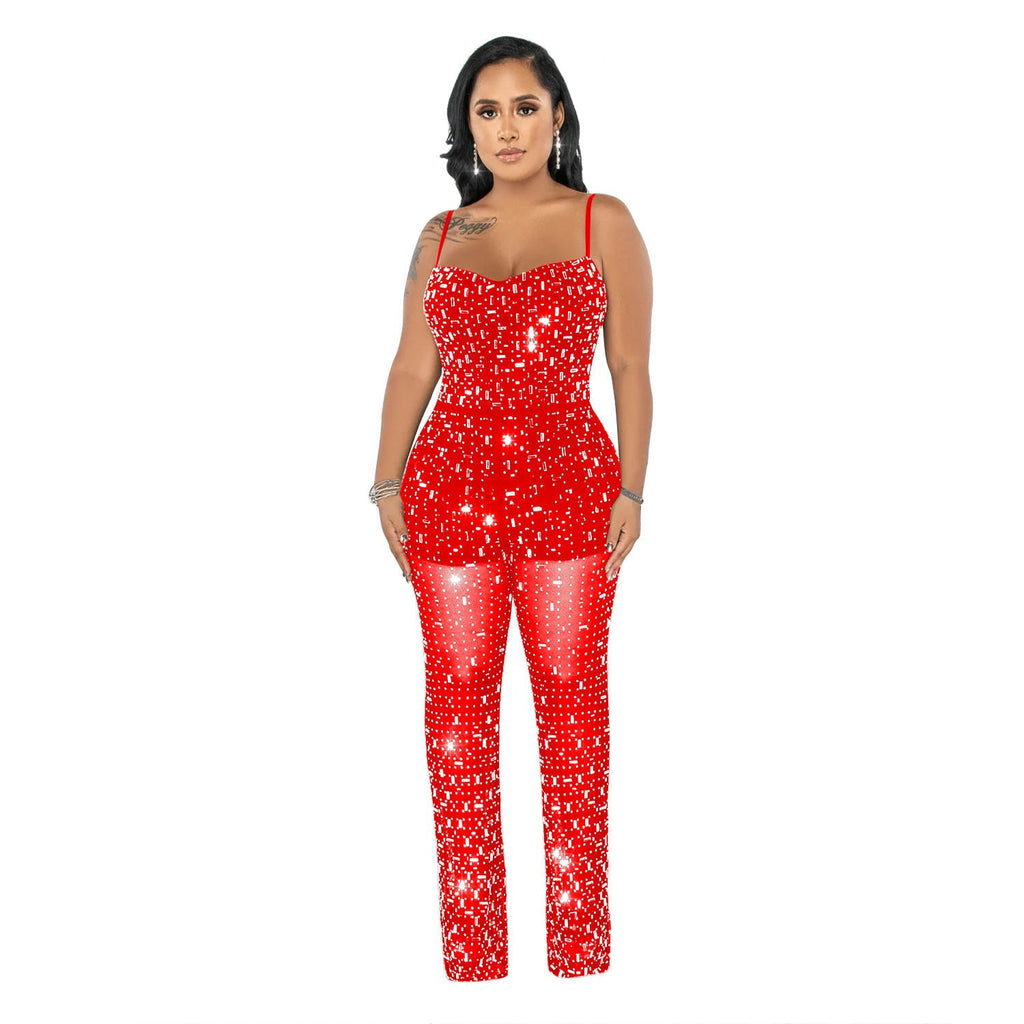 Women’s Wear Rhinestone Mesh Camisole Sleeveless Trousers Jumpsuit - C6556 Red / S