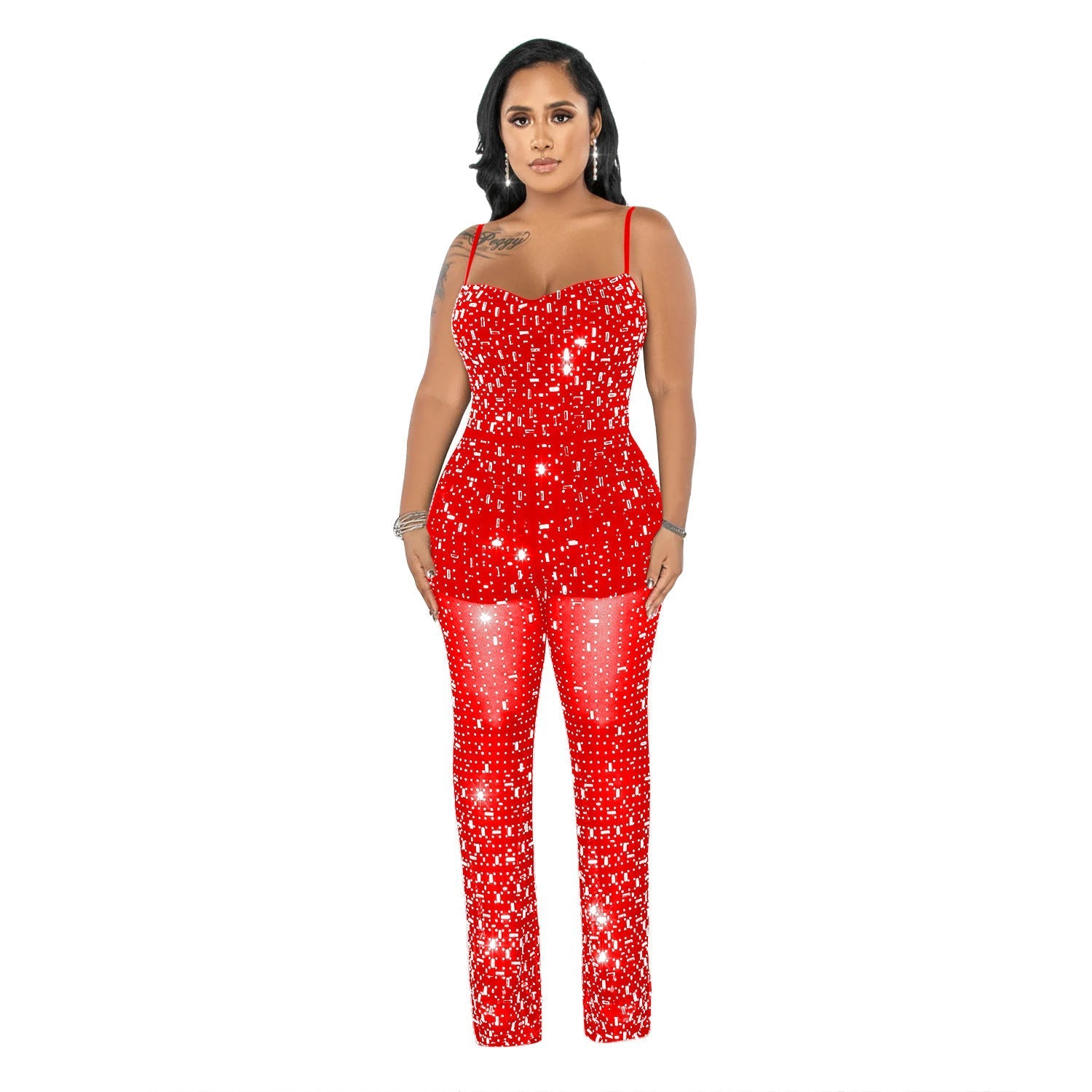 Women’s Wear Rhinestone Mesh Camisole Sleeveless Trousers Jumpsuit - C6556 Red / S