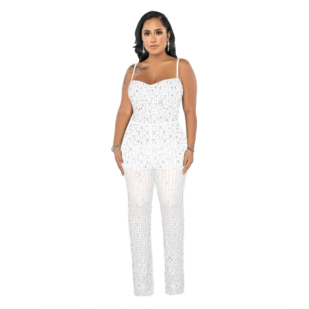 Women’s Wear Rhinestone Mesh Camisole Sleeveless Trousers Jumpsuit - C6556 White / S