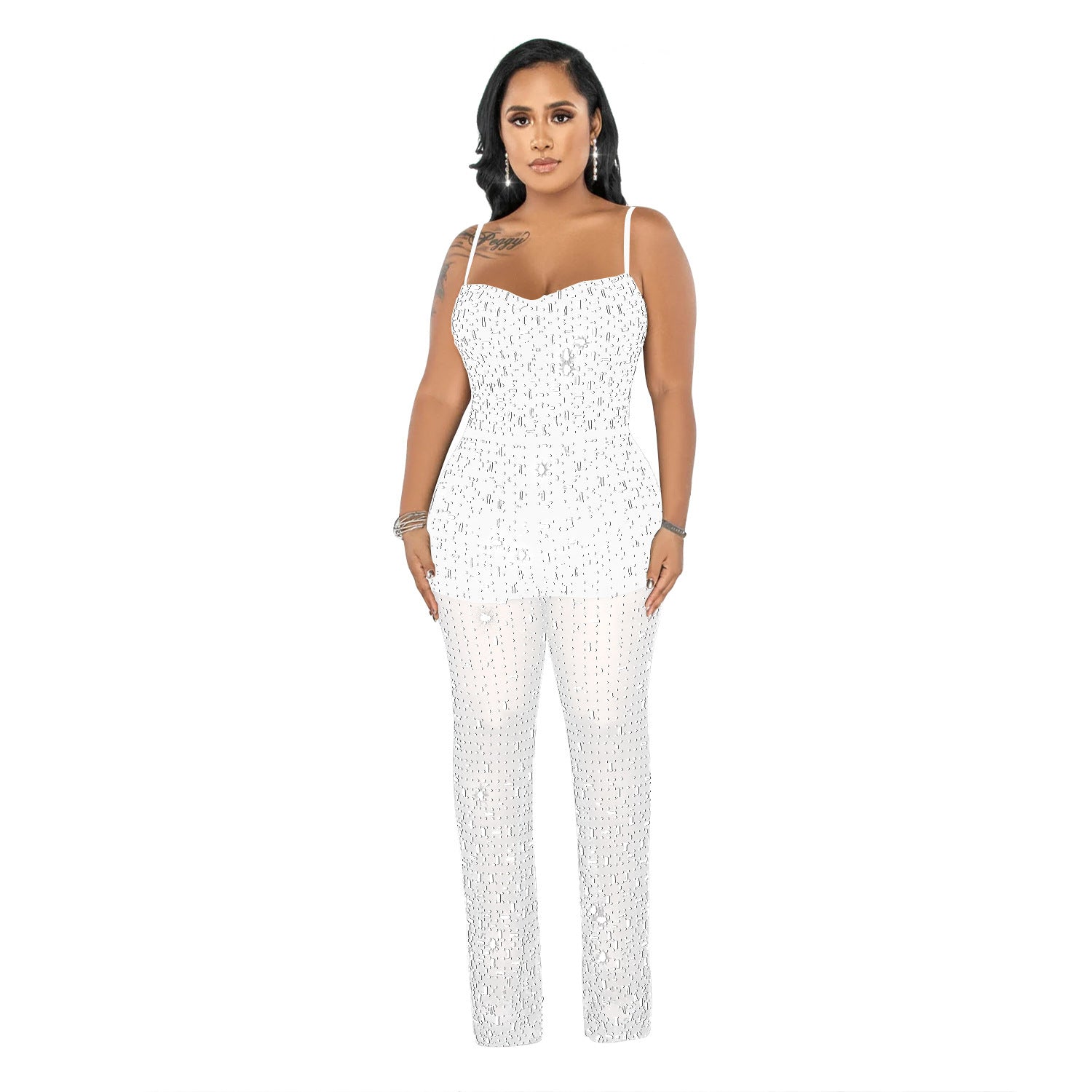 Women’s Wear Rhinestone Mesh Camisole Sleeveless Trousers Jumpsuit - C6556 White / S