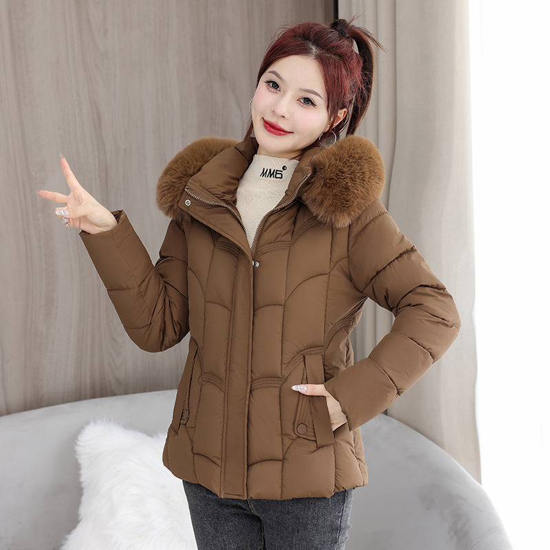 Fur Collar Down Jacket Slimming Coat - Brown / M