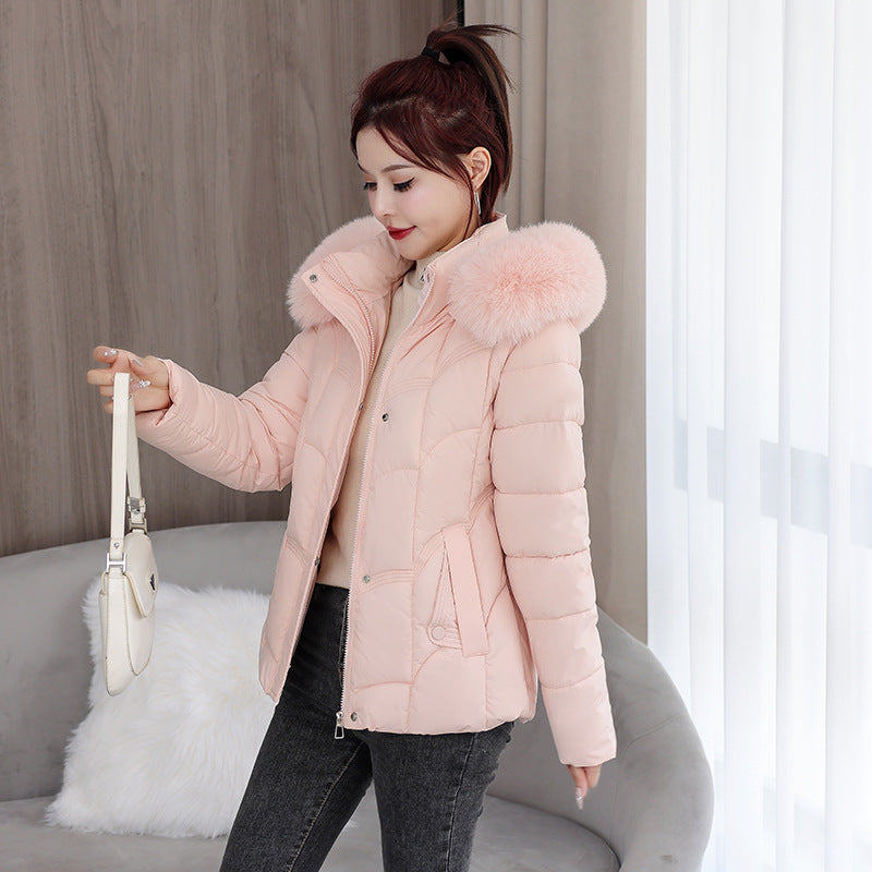 Fur Collar Down Jacket Slimming Coat - Pink / M