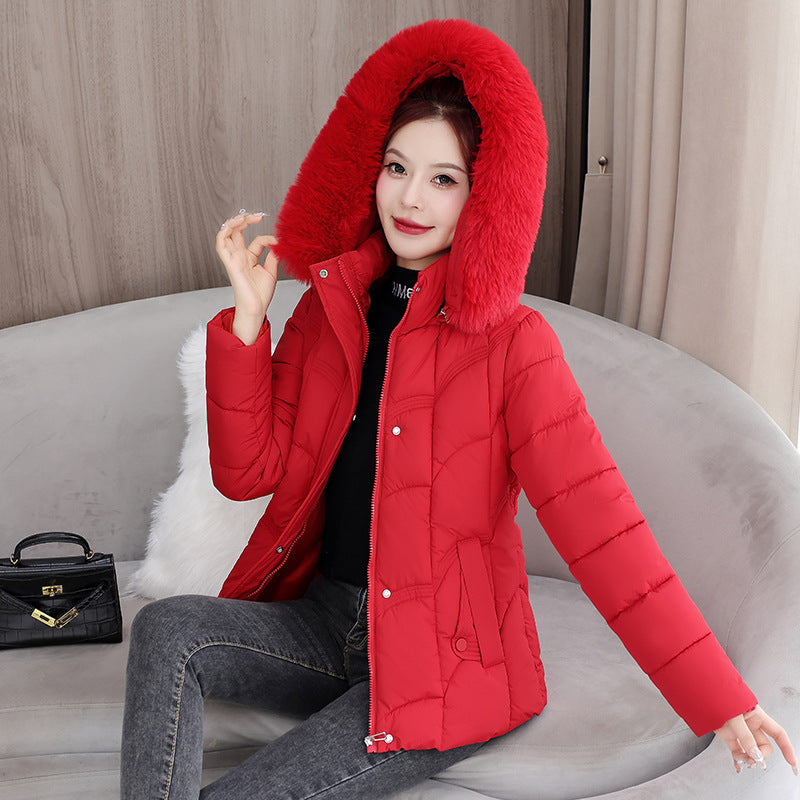 Fur Collar Down Jacket Slimming Coat - Red / M