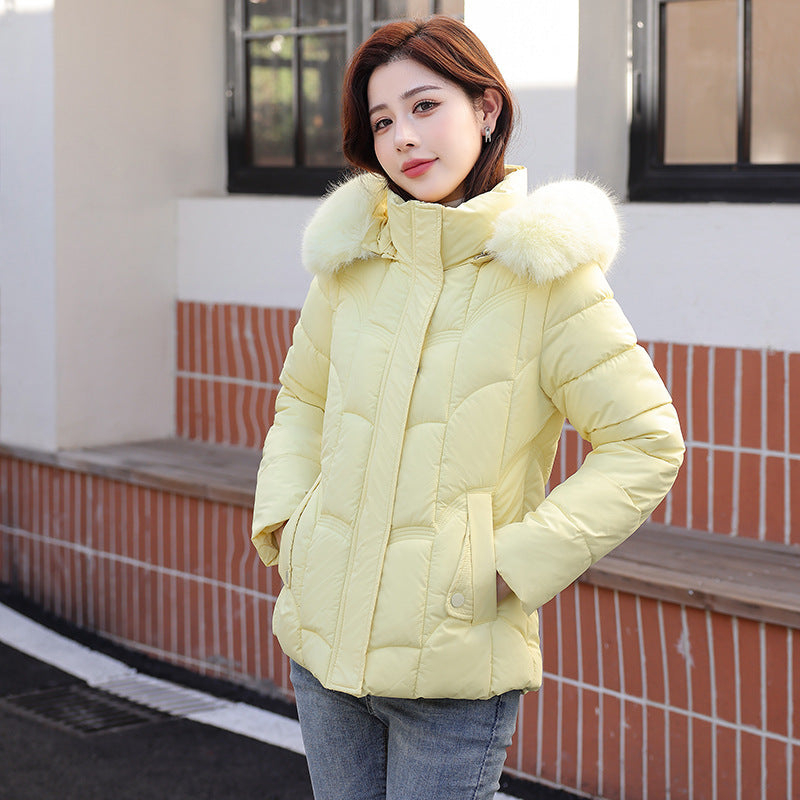 Fur Collar Down Jacket Slimming Coat - Yellow / M