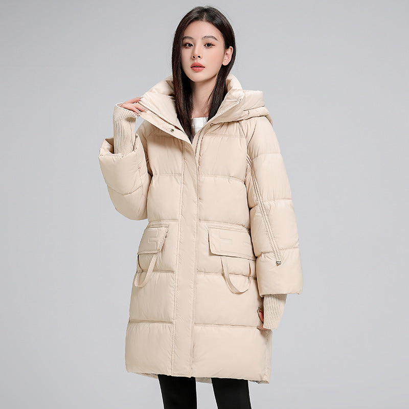 Mid-length Cotton Clothing Slimming Thickened Windproof And Warm - Beige / M
