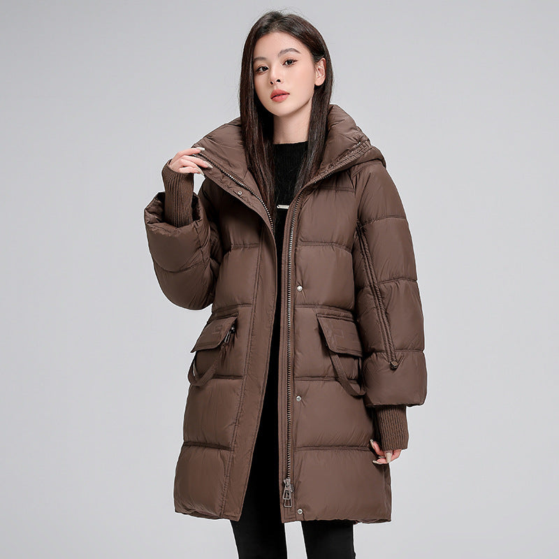 Mid-length Cotton Clothing Slimming Thickened Windproof And Warm - Brown / M