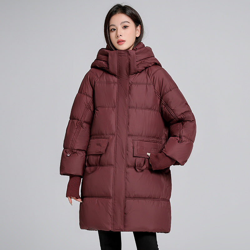 Mid-length Cotton Clothing Slimming Thickened Windproof And Warm - Wine Red / M