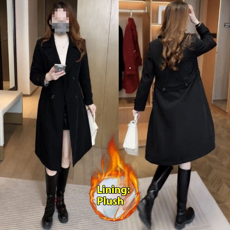 High-grade Fleece Thick Trench Coat Coat Western Style Slimming - Black / S