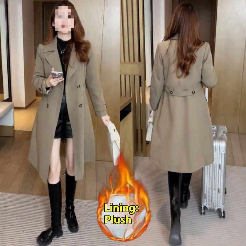 High-grade Fleece Thick Trench Coat Coat Western Style Slimming - Light Brown / S
