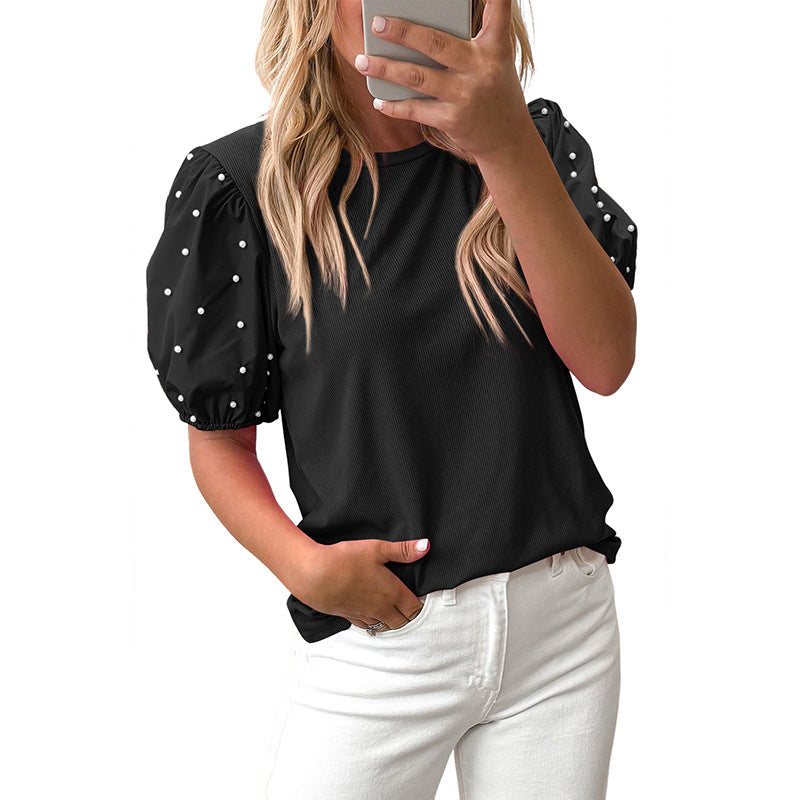 Summer New Solid Color Round Neck Pullover Simple Women - Black / S