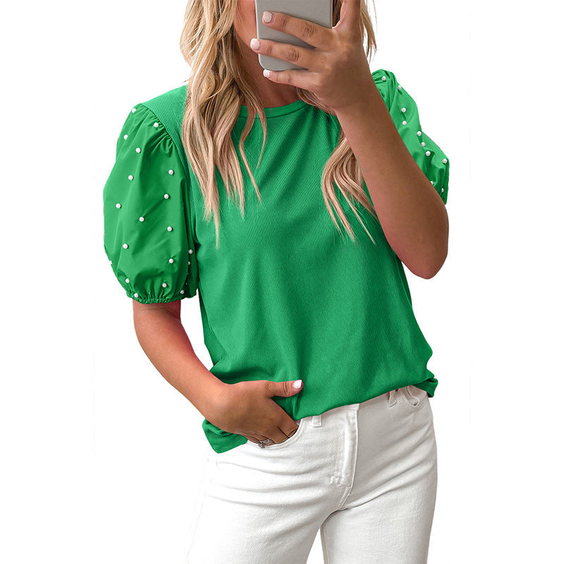 Summer New Solid Color Round Neck Pullover Simple Women - Green / S