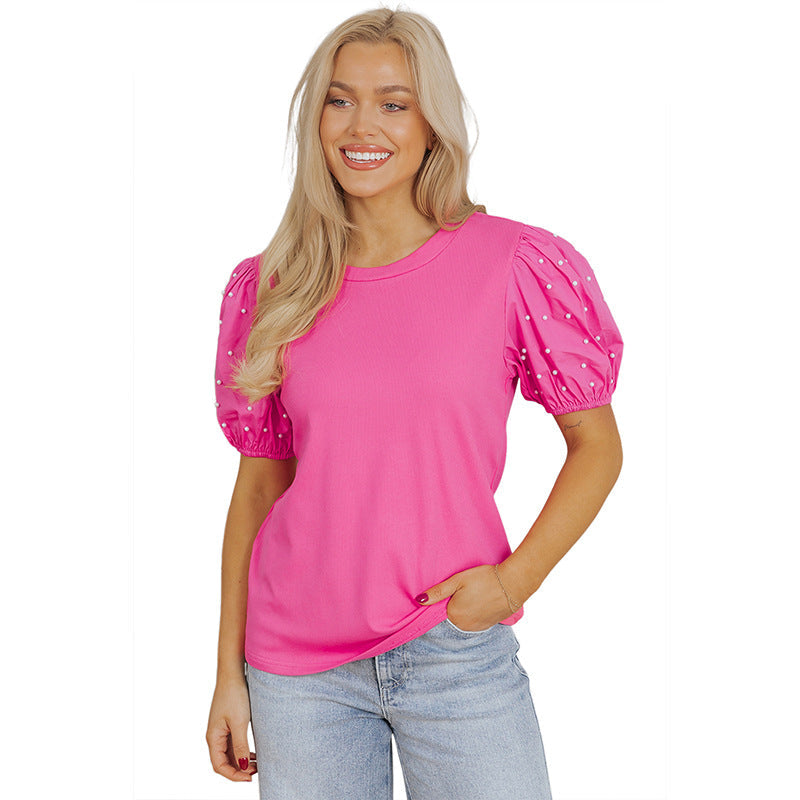 Summer New Solid Color Round Neck Pullover Simple Women - Pink / S
