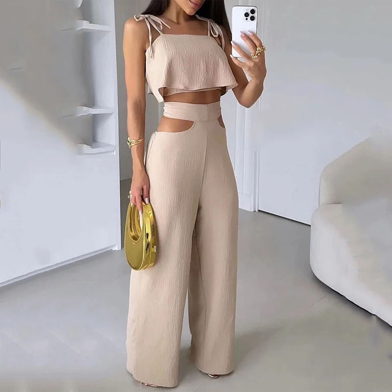 Cross-border Solid Color Sling Top Casual Hollow-out Trousers Suit - Beige / S