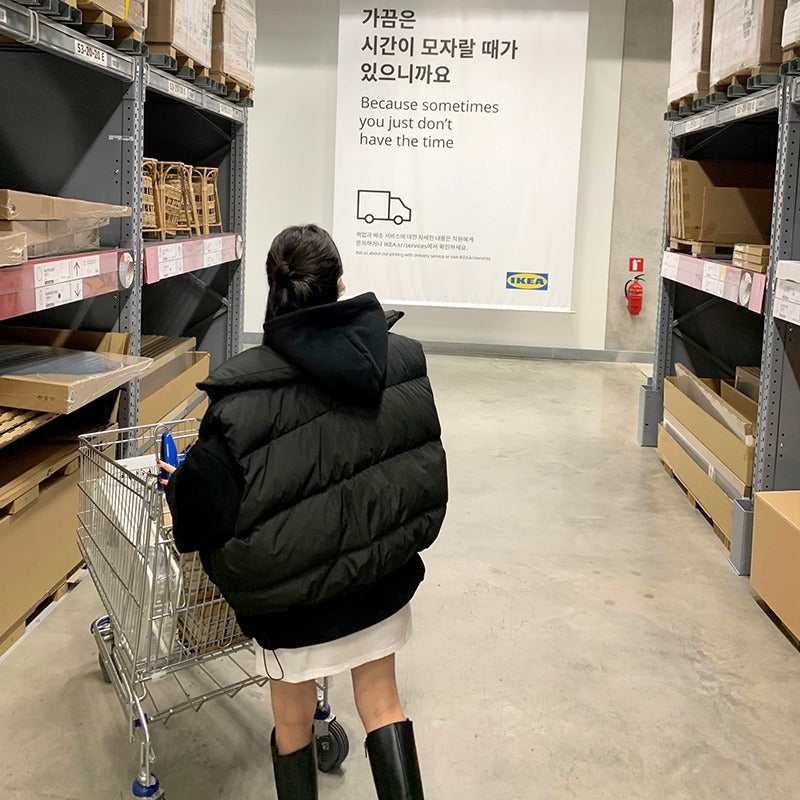 Women’s Solid Color Korean Style Short Stand-up Collar Cotton-padded Coat Vest