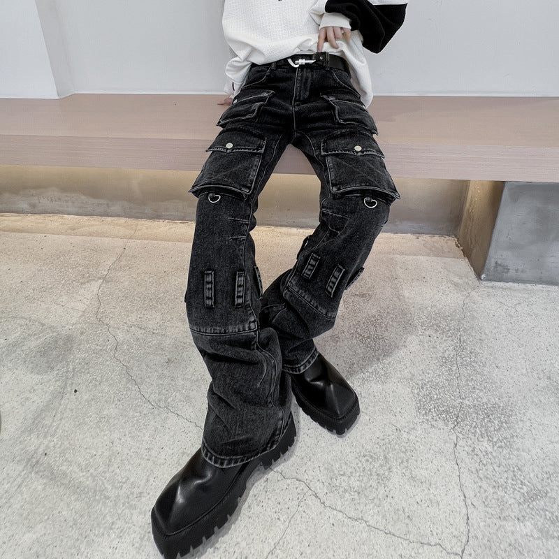 High Street Men’s Multi-pocket Washed Distressed Jeans