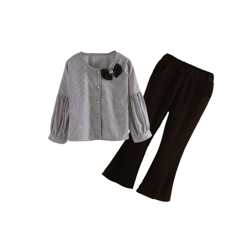 Girls Spring Bows Shirts Pants Suits - Grey / 110cm