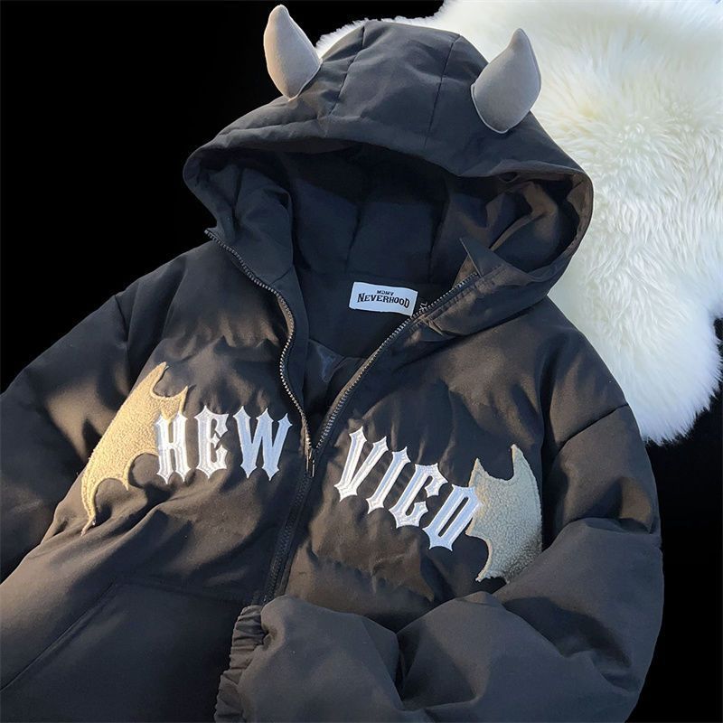 American Retro Embroidered Hooded Cotton Coat - Black / M