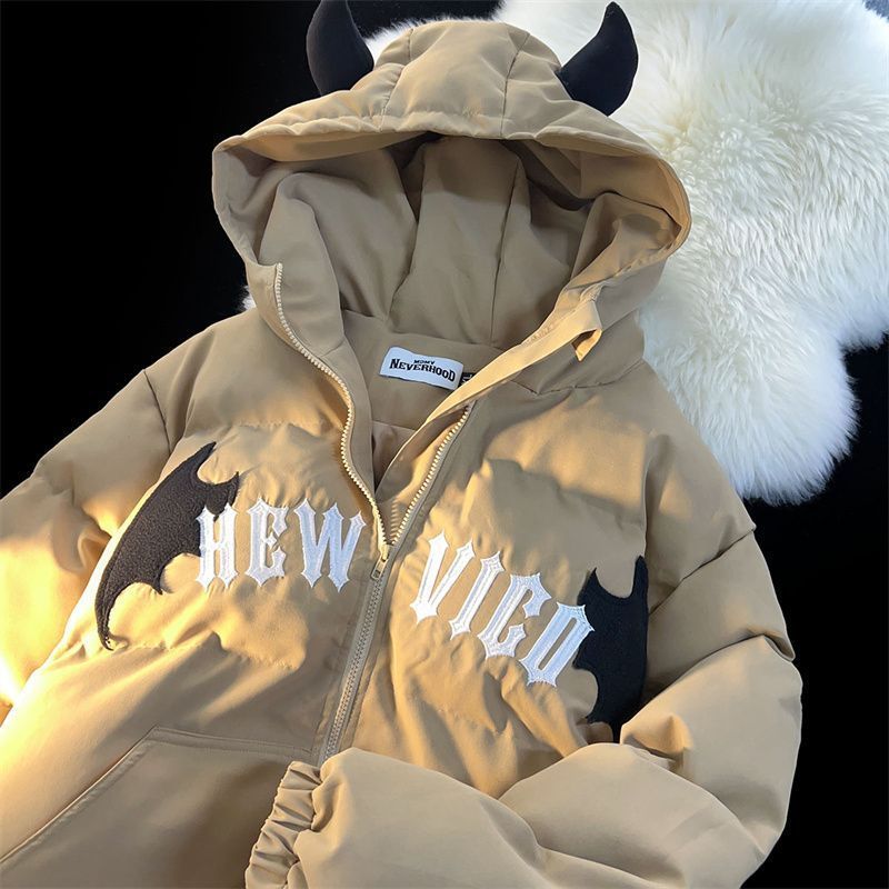 American Retro Embroidered Hooded Cotton Coat - Khaki / M