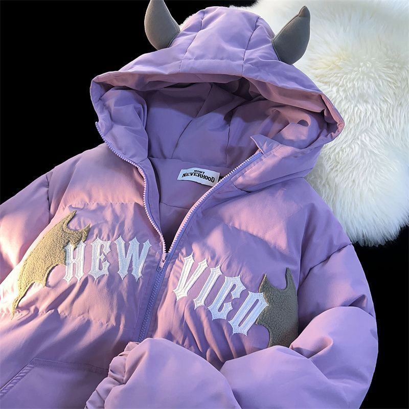 American Retro Embroidered Hooded Cotton Coat - Purple / M